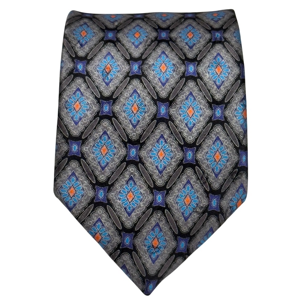 Joseph Bach Necktie Mens‎ Blue Grey Orange Silk Diamond Geometric Medallion